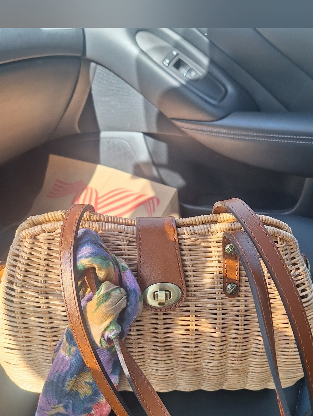 Pateica Nash Woven Rattan Crossbody Bag with Brown Leather Trim